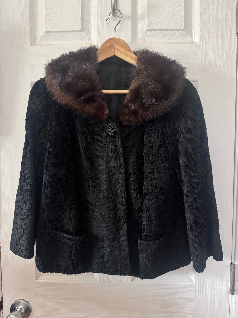 Vintage Black Persian Lamb Fur Coat with Mink Collar